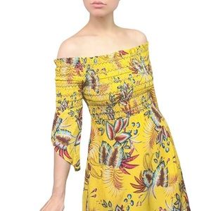 FARM RIO ANTHROPOLOGIE NWT Bria Smocked Off Shoulder Yellow Floral Dress Size XS